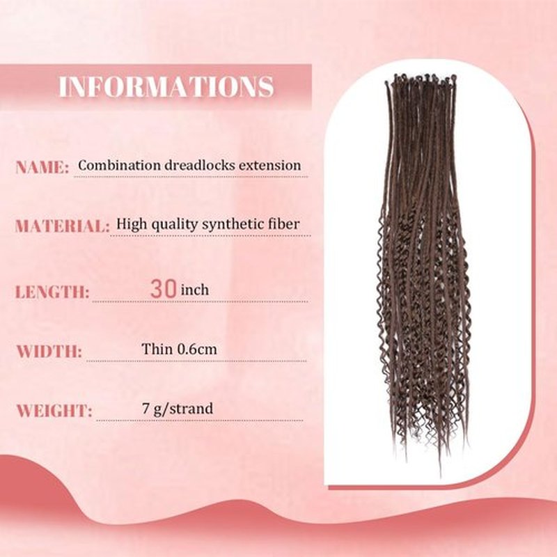 Quiduis 30 Inch 30 Strands SE Dreadlock Extensions,3 In 1 Mixed Synthetic Dreads Extensions,Chocolate Brown Curly&Straight&Boho Single Ended Dreads Extensions Hippie Style Dreadlock for Women