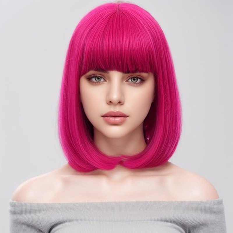 WTHCOS Hot Pink Wig Short Straight Bob Wig with Bangs Rose Red Wigs Women Girls Synthetic Wigs Daily Cosplay Party Wig with Wig Cap