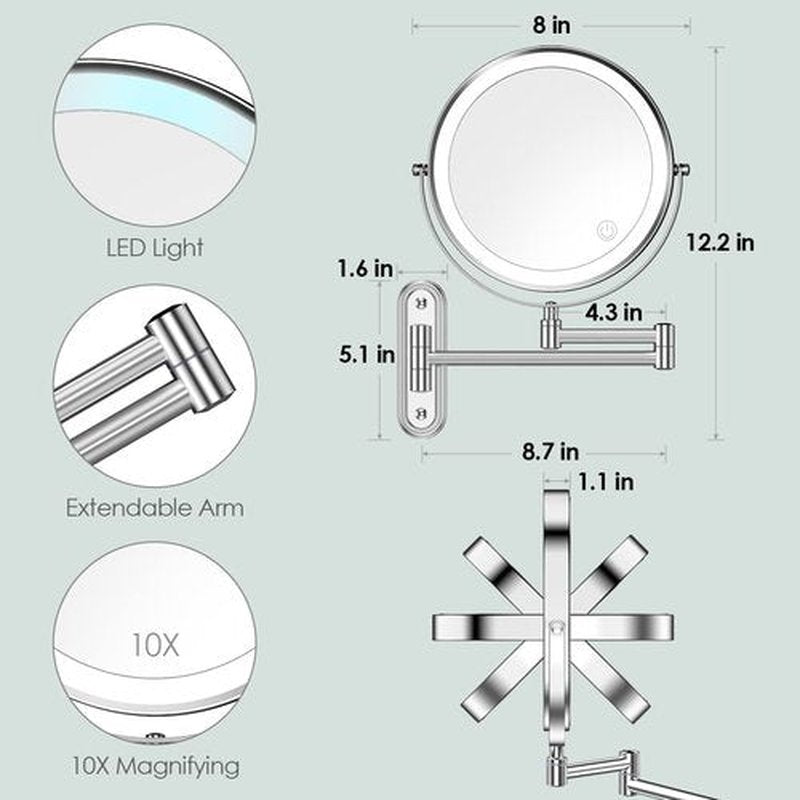 Rocollos Two-Fingers-Width Narrow Base Rechargeable Wall Mounted Lighted Makeup Mirror,3 Color Lights Dimmable Touch Screen,8 Inch LED Double Sided 1X/10X Mirror (Chrome-10X)