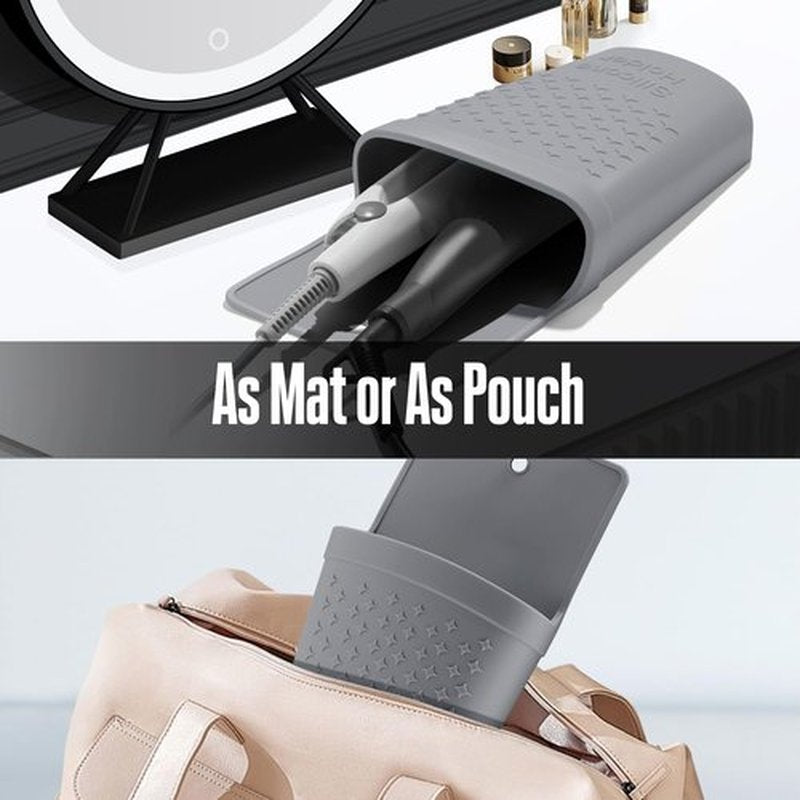 CROWATTS Heat Resistant Silicone Hair Iron Mat and Pouch,Portable Travel Hair Straightener Mat and Holder for Hair Styling Tools.1 Pack.(Gray)