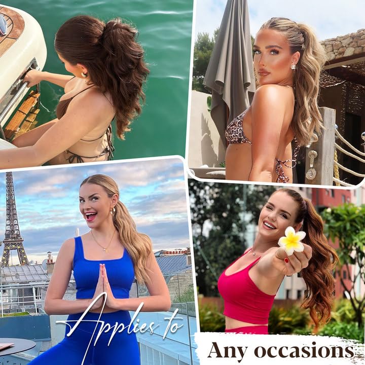 ALXNAN Ponytail Extension,16 Inch Claw Ponytail Hair Extensions for Women，Claw Clip in Long Wavy Synthetic Chestnut Brown Ponytail Extension for Daily Use.