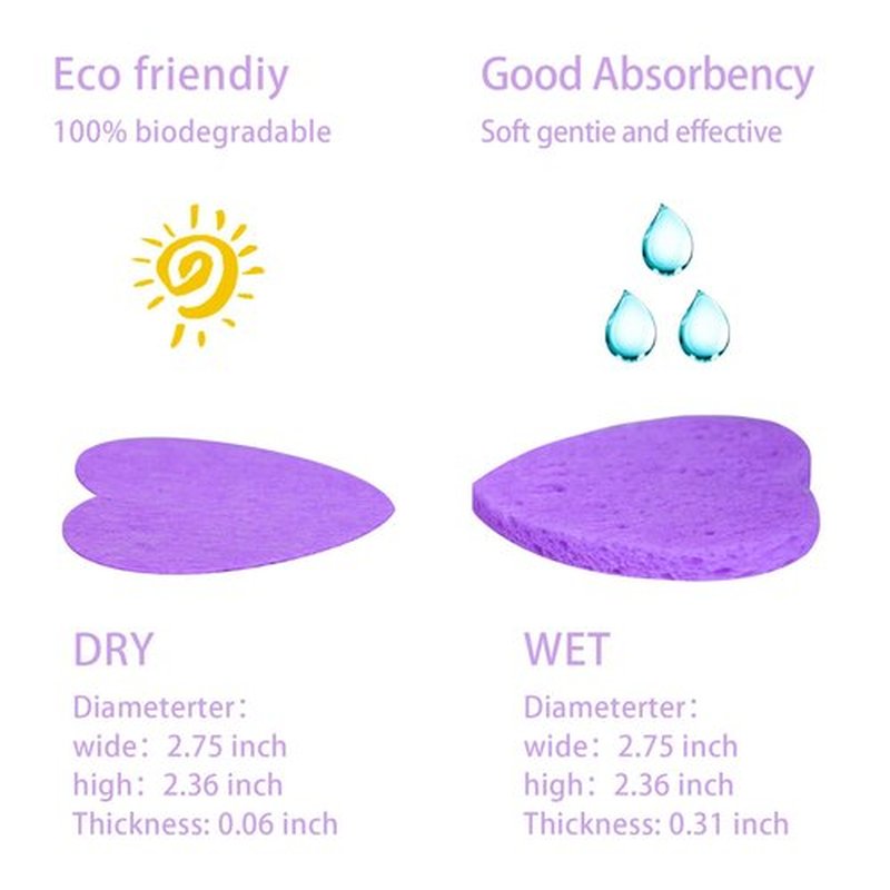 100-Count Compressed Facial Sponges for Estheticians Heart Shape Natural Cellulose Sponge Professional Cosmetic Spa Sponges for Face Cleansing, Massage, Pore Exfoliating, Mask, Makeup Removal, Purple
