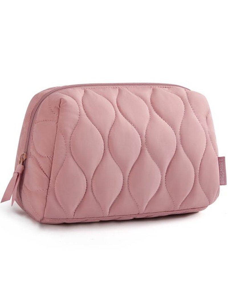 BAGSMART Makeup Bag, Travel Cosmetic Bag, Puffy Padded Make Up Bag for Women, Makeup Organizer Case, Wide-open Pouch Purse, Travel Essentials, Toiletries Accessories Brushes, Dark Pink