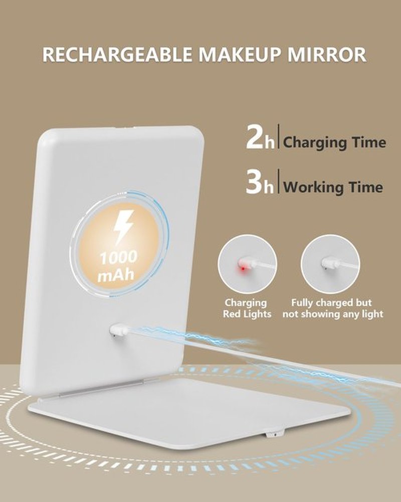 Dec.Metu Travel Mirror with Lights Makeup Mirror Touch Screen 3 Colors Light 72 LEDs Rechargeable, 1000mHA 7.9x5.3-Inch Desk Compact Mirror White