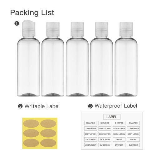 owlyee 3.4 oz Travel Bottles for Toiletries, Empty Travel Size Containers Tsa Approved, 5PCS Small Plastic Shampoo Bottles with Labels (100ml, All Clear)