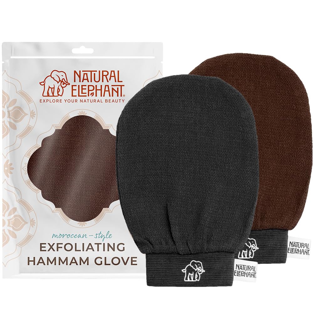 Natural Elephant Exfoliating Hammam Glove | Authentic Moroccan Kessa Body Scrub Mitt for Spa-Quality Skin Renewal | Black & Brown Pack of 2