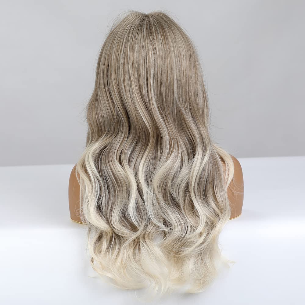 WTHCOS Long Ombre Brown Blonde Wigs Ash Blodne Wig for Women Long Curly Wavy Brown Mixed Blonde Wig With Bangs Silky Full Heat Resistant Synthetic Wig with Wig Cap (Blonde Mix Brown)
