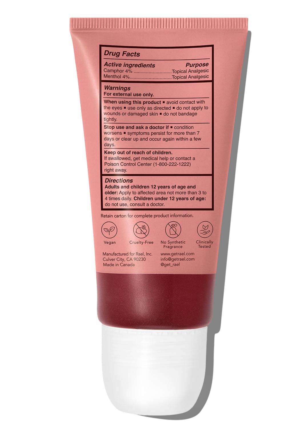 Rael Pain Relief Cream Roll-On – Fast-Absorbing Formula with Camphor, Menthol, and Magnesium, Essential for Women (1.7 fl oz, 50 ml)