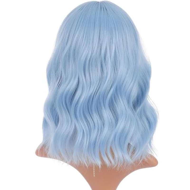 WTHCOS Light Blue Wig Short Bob Wig Short Blue Wigs for Women Curly Wavy Wig with Air Bangs Heat Resistant Synthetic Hair Wigs for Daily Use Cosplay Wig With Wig Cap