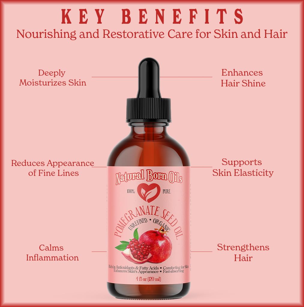 8oz Pomegranate Seed Oil, 100% Pure and Natural, Organic and Rich in Antioxidants for Supple, Soft Skin and Hair - Includes Pump & Flip Cap