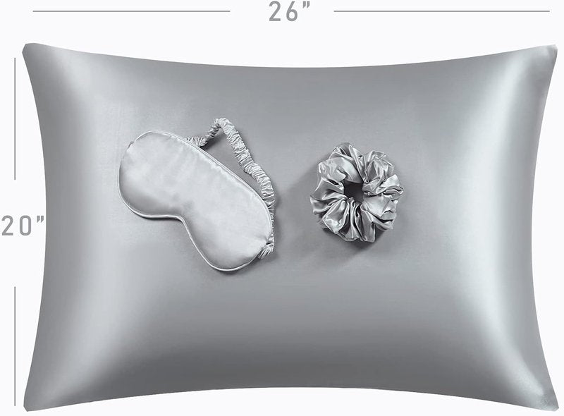 Satin Pillowcase Set for Hair & Skin | Vegan Silk Luxury Sleep Set - 2 Pillowcases, Eye Mask & Scrunchie in Silver Gray