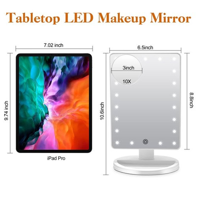 Lighted Makeup Vanity Mirror with Phone Holder and 10X Magnifying Mirror, 21 LED Lighted Mirror with Touch Sensor Dimming, 180°Adjustable Rotation, Dual Power Supply, Portable Cosmetic Mirror