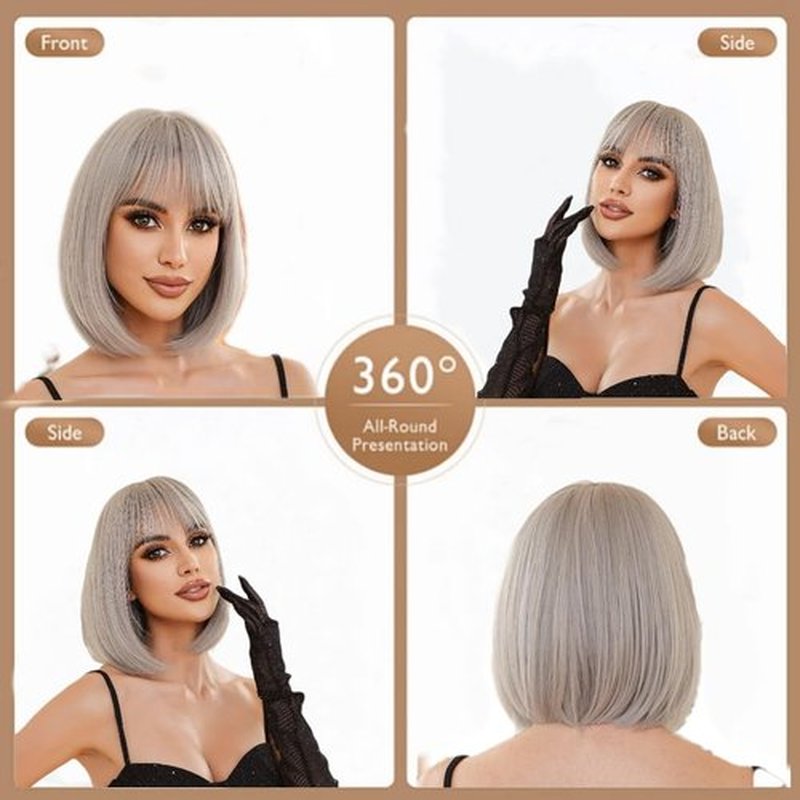 Tangyaoyusun 12Inch Black Wig with Bang Short Straight Bob Hair For Girls Women Theme Party (Silver Gray)