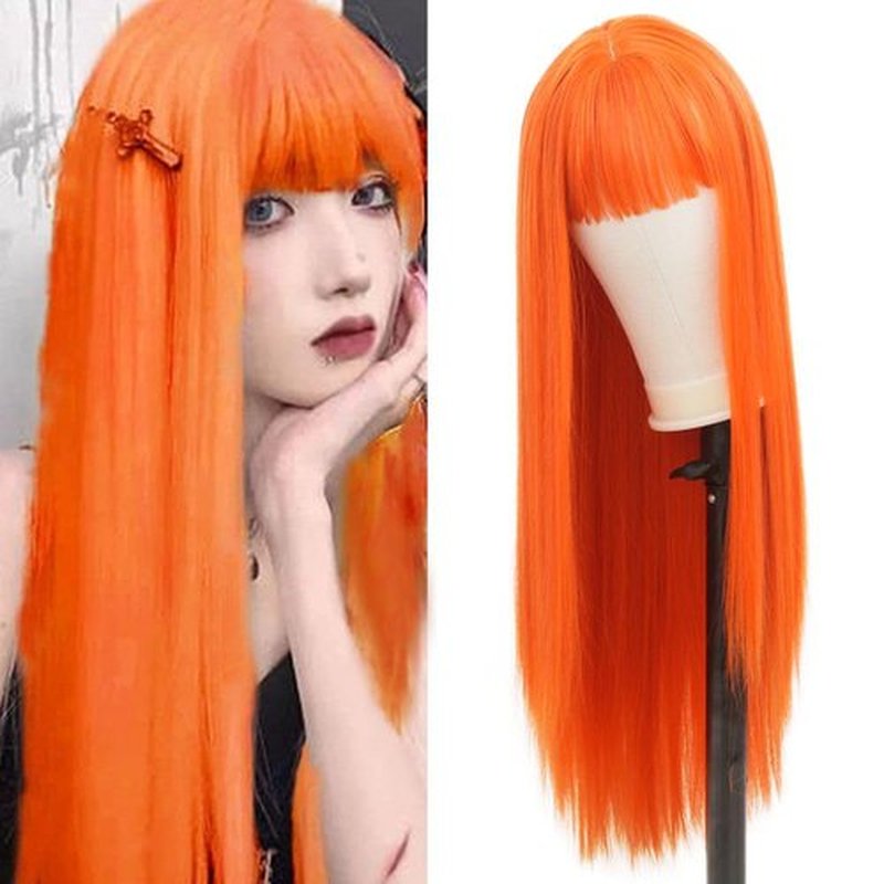 Tseses Orange Wig with Bangs Long Straight Orange Wigs for Women Cosplay Wigs Heat Resistant Synthetic Wig for Daily Party Halloween Use