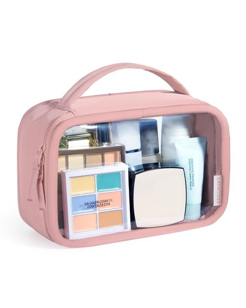 BAGSMART Clear Makeup Bag - TSA Approved Toiletry Bag with Handle Large Opening, Water-Resistant Durable PVC Clear Toiletry Bags for Traveling Travel Essentials (Pink)