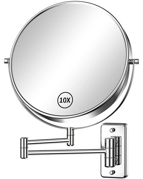Gospire 9" Large Size Wall Mount Makeup Mirror with 1X/10X Magnification Double-Sided 360° Swivel Vanity Mirror，Chrome Polished Extendable Shaving Bathroom Wall Cosmetic Mirror for Men and Women