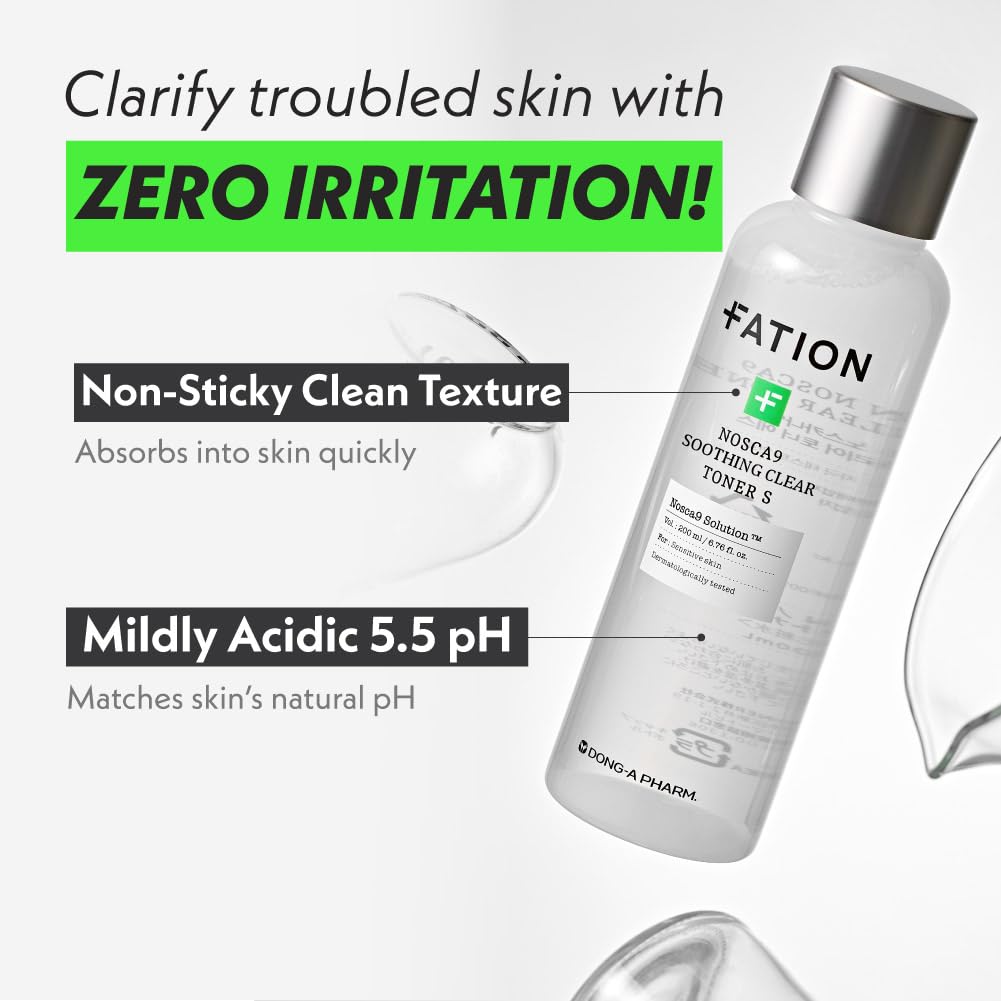 Fation Nosca9 Soothing Toner S | 2% PHA & LHA Exfoliating Toner for Sensitive Skin | Moisturizing, Hypdrating & Quick Absorption Korean Skincare (Pack of 1, 6.76 Fl Oz)