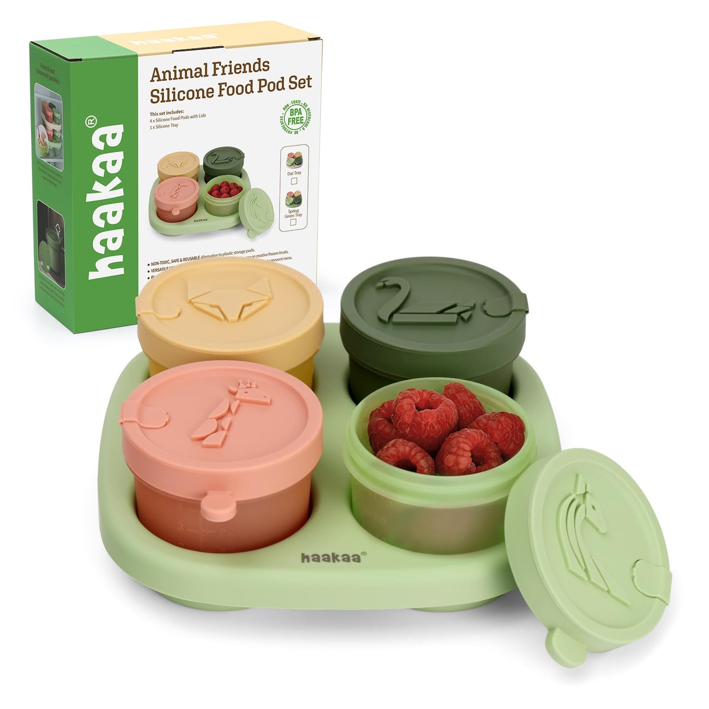 Haakaa Silicone Baby Food Containers, 4oz/120ml Baby Food Jars with Leakproof Animal Lids and Tray, Freezer-Safe Storage for Homemade Purees, Snacks & Meal Prep, 4 Pack, Spring Green Tray