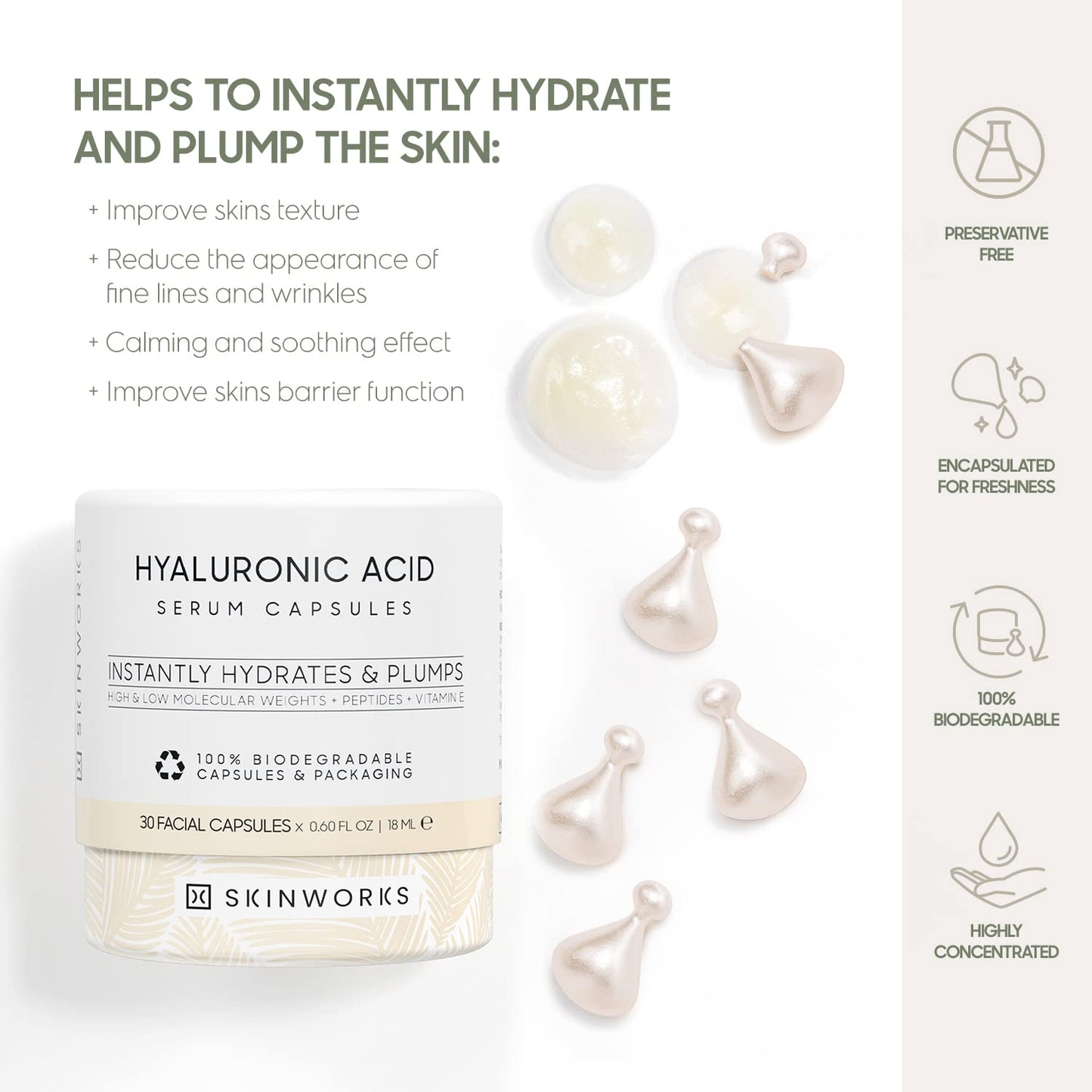 SKINWORKS Hyaluronic Acid Serum for Face, Anti Aging Serum for Fine Lines & Wrinkles, Hydrating Glow Serum, Face Moisturizer Plump & Repair Dry Skin, Unscented, 60 Capsules
