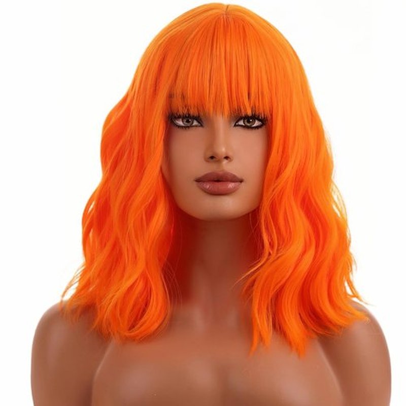 WTHCOS Orange Wig Short Bob Wig Short Curly Wavy Wig With Bangs for Women Orange Wig Heat Resistant Synthetic Hair Wigs for Daily Use Cosplay Wig With Wig Cap