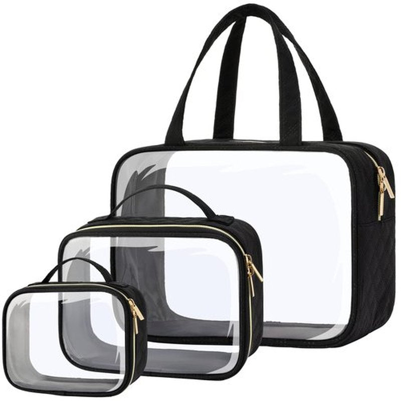 PACKISM Clear Toiletry Bags - 3 Pack Clear Makeup Bags with Handle Large Opening, Waterproof Clear Cosmetic Bags Fit Carry-on Travel Essentials, Travel Accessories Clear Travel Bags, Black