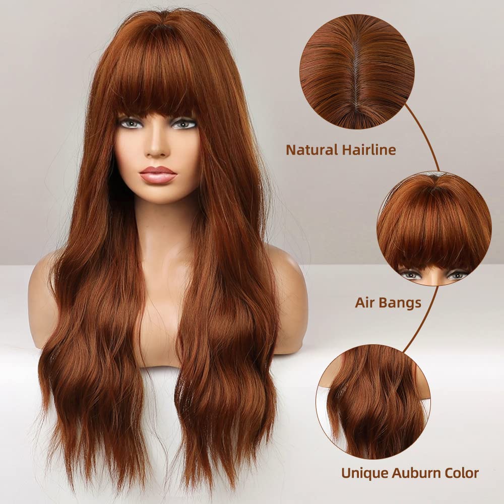 FORCUTEU Auburn Wig with Bangs Long Auburn Wigs for Women Auburn Wavy Wig Heat Resistant Wigs for Daily Party Halloween (Auburn 24inch)