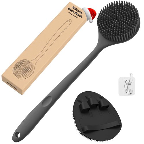 Manmihealth Silicone Back Scrubber(Thin Bristles) & Soft Bath Glove Set, Super-Cleaning Body Scrubber & Super-Lathering Shower Brush Combination, with a Free Hook. (Black)