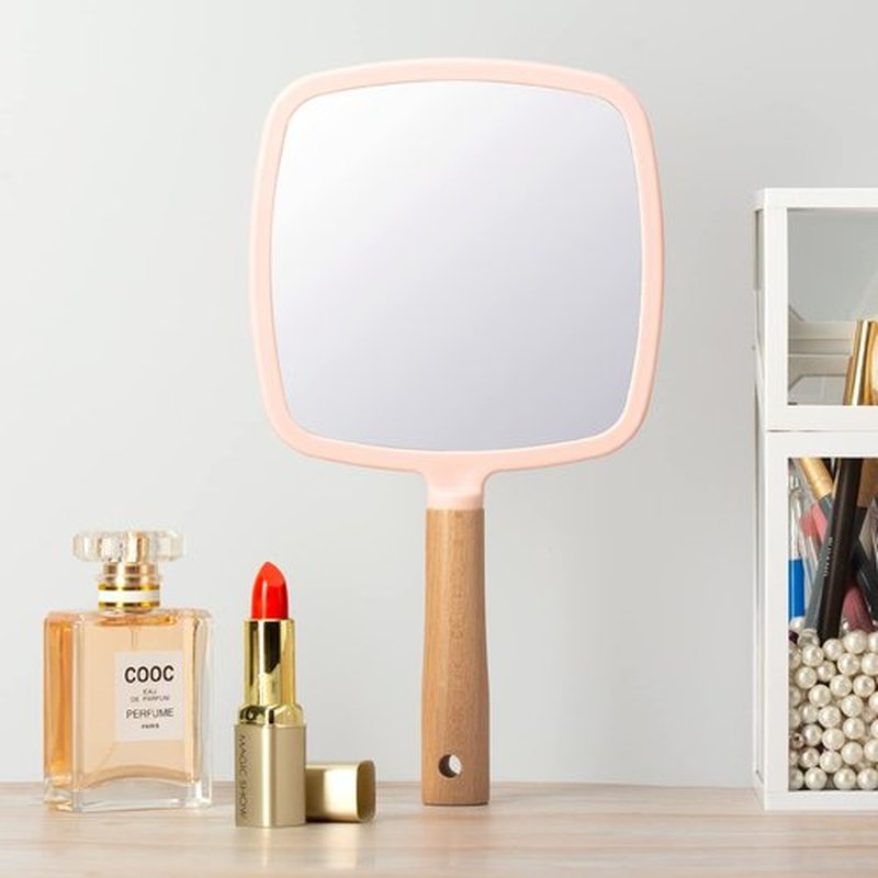 YEAKE Hand Held Mirror with Handle for Makeup,Small Cute Wood Hand Mirror for Shaving with Hole Hanging Single-Sided Portable Travel Vanity Mirror for Men&Women(Square,Pink,1Pack)