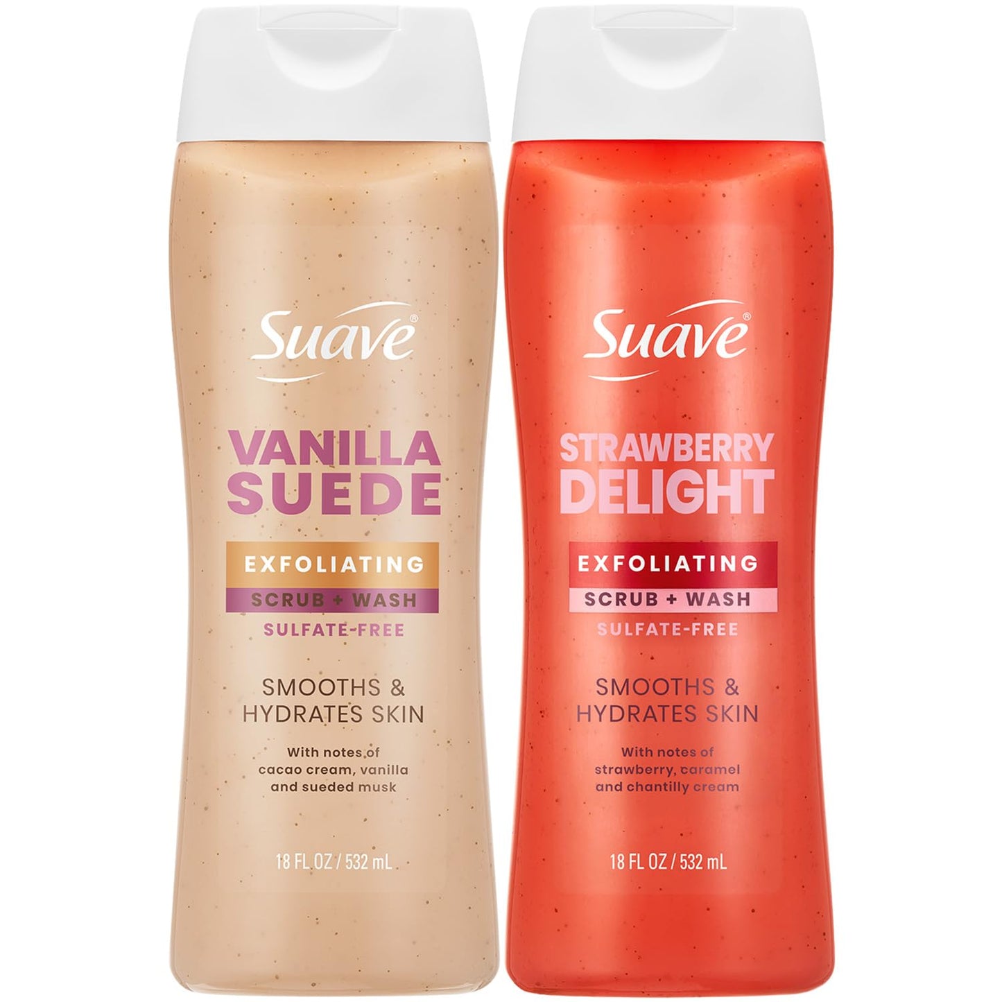 Suave Exfoliating Scrub + Wash Variety 2-Pack – Vanilla Suede & Strawberry Delight, Sulfate-Free Body Wash Set, 18 Oz Ea