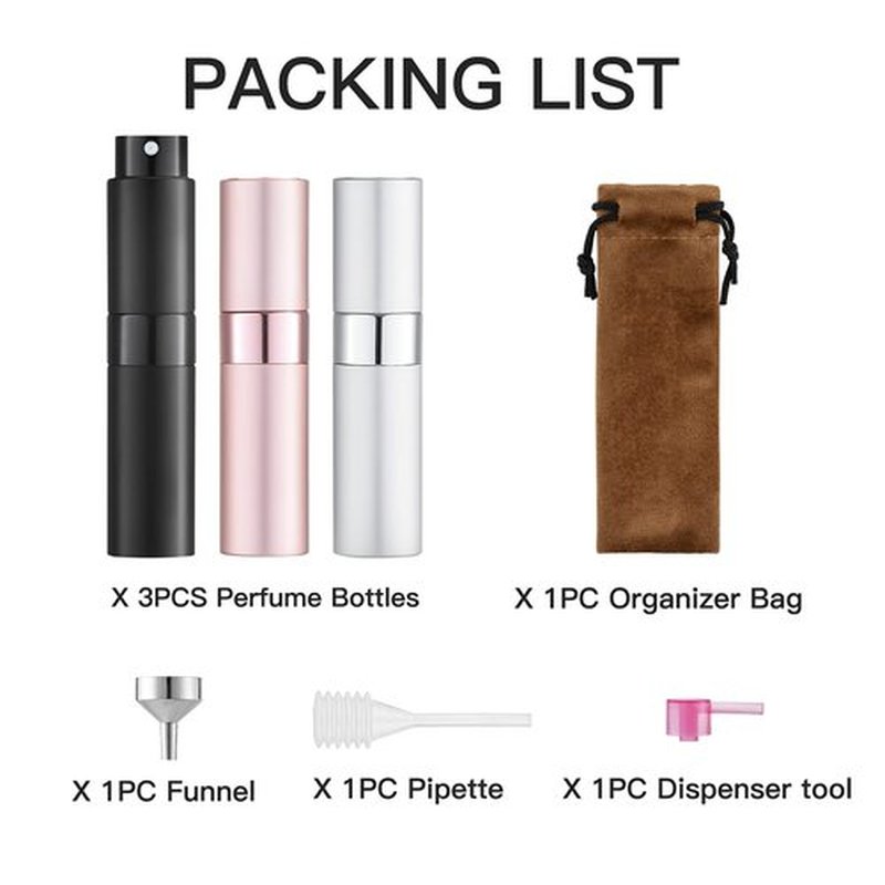 LISAPACK 8ML Atomizer Perfume Spray Bottle for Travel (3 PCS) Empty Cologne Dispenser, Portable Sprayer for Men and Women (Black, Silver, Pink)