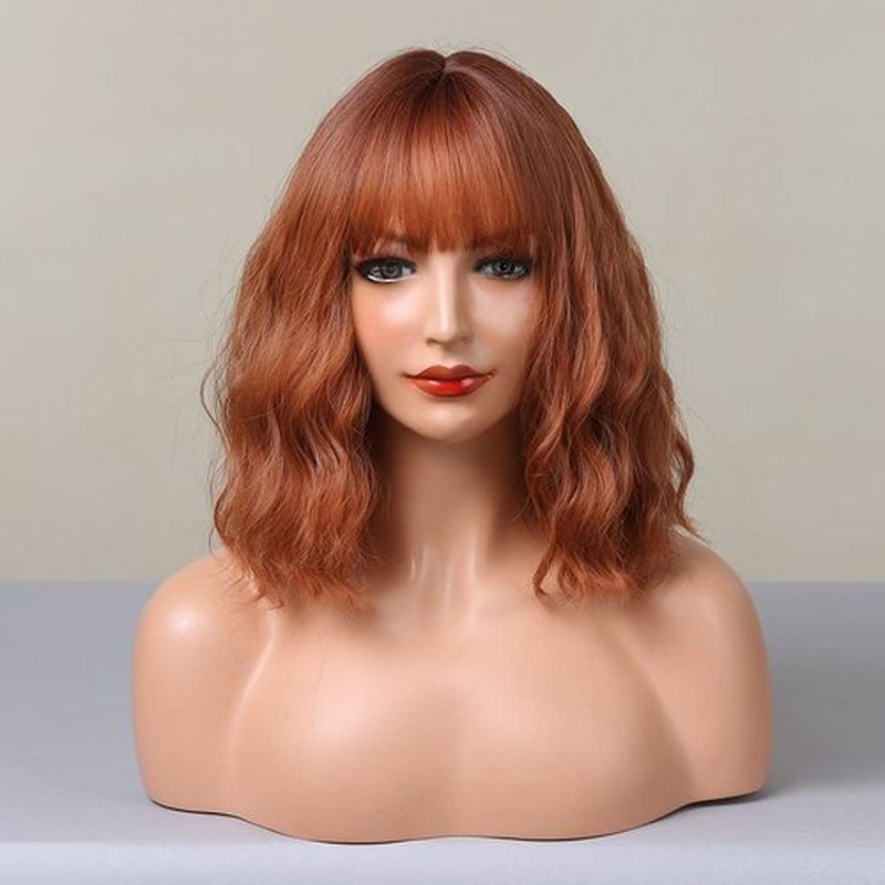 MAGQOO Ombre Dark Orange Auburn Wig Women Dark Roots Orange Bob Wig Short Curly Wavy Red Copper Wig with Bangs Synthetic Heat Resistant