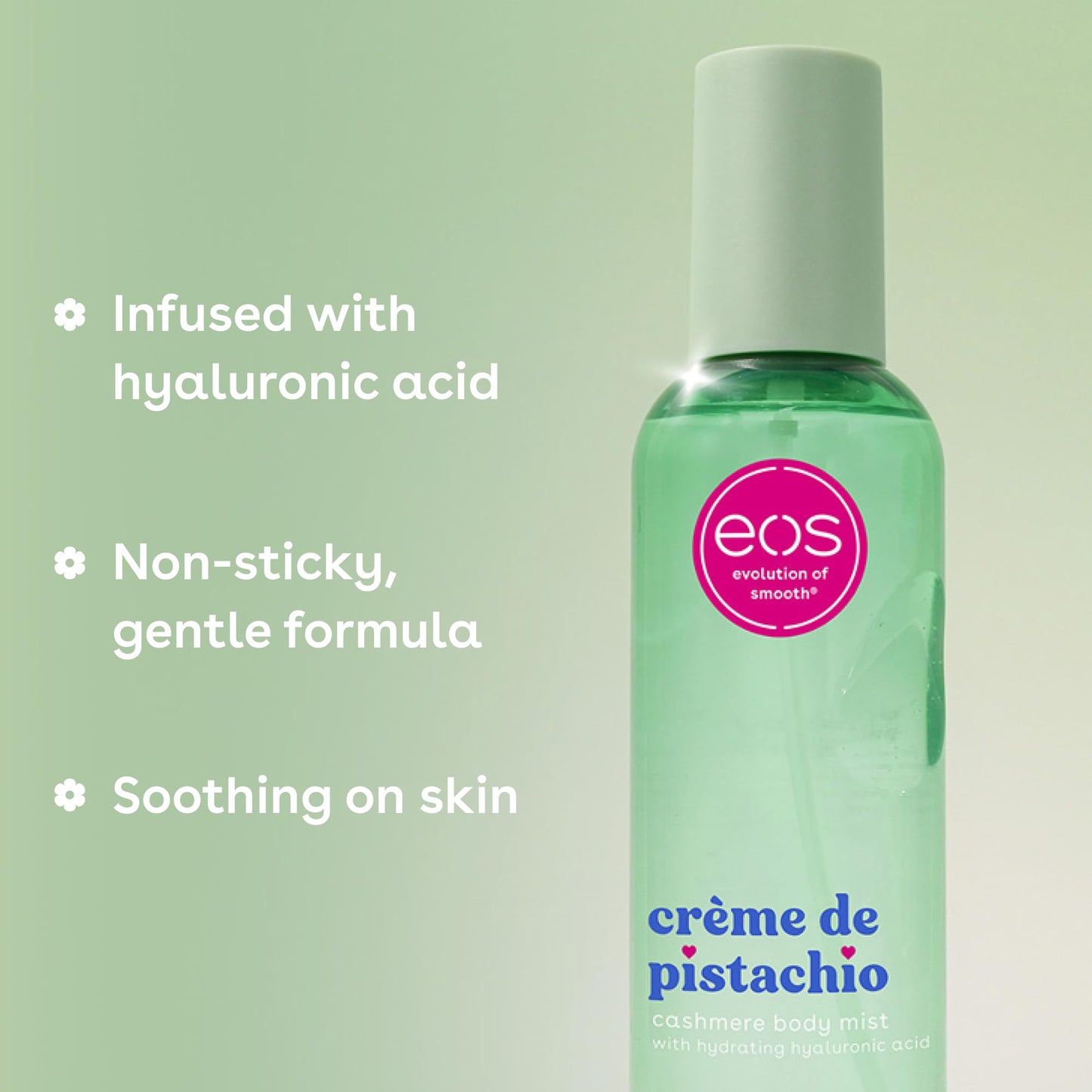 eos Cashmere Body Mist, Crème de Pistachio, body spray for women, hair mist, moisturizing, hyaluronic acid, glycerin, vegan, cruelty-free, 6 fl oz