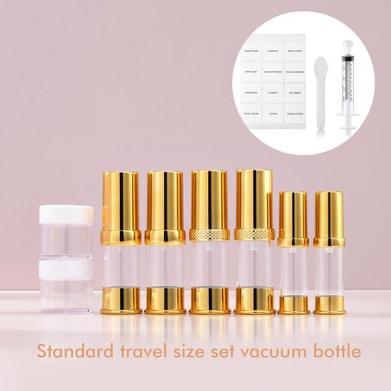 5ml, 10ml, 15g, Golden airless Pump Bottle for Travel, with Travel Bag Set, Empty refillable Cosmetic Pump Bottle, Vacuum Pump Bottle for Toner, Hair Oil, Lotion and Other Liquids (12 Packs)