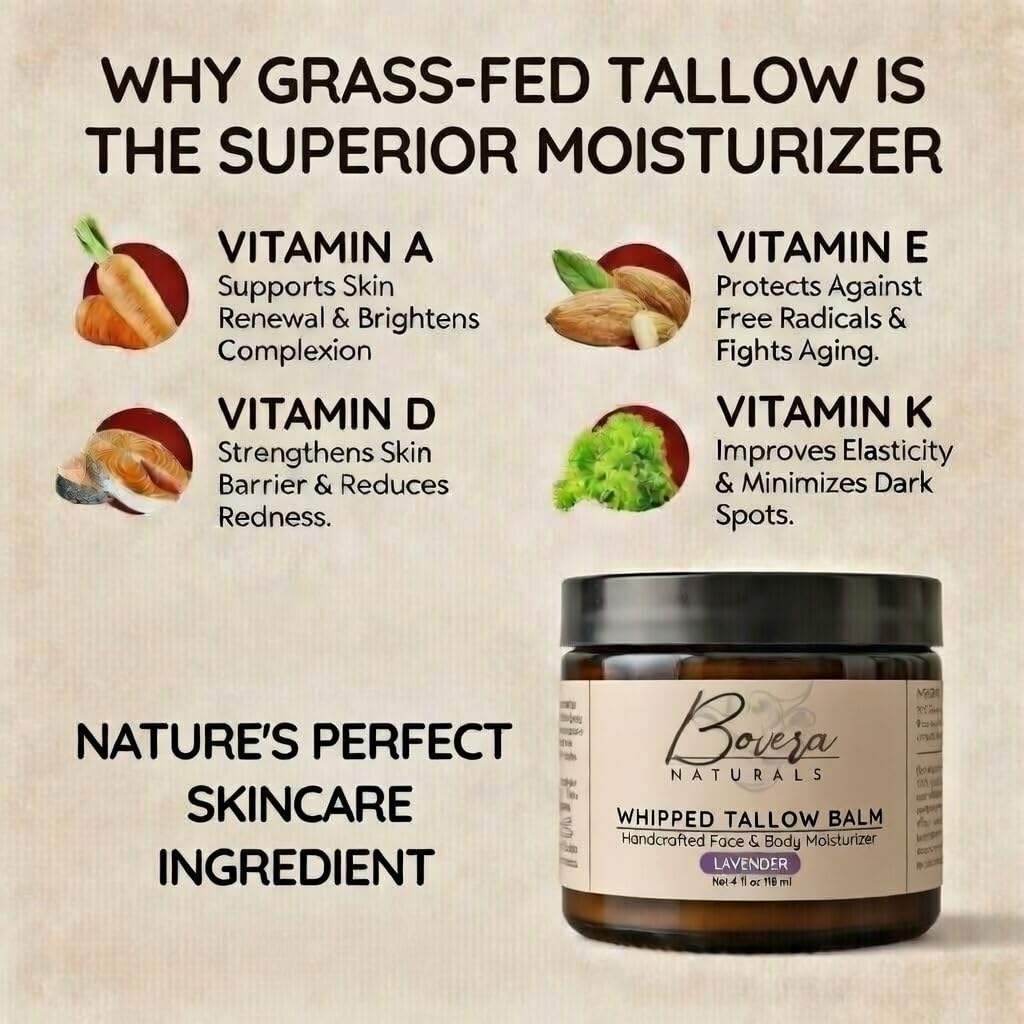 Bovera Naturals Tallow Moisturizer, Vanilla Rose Scent Face and Body Cream, 100% Organic Grass-Fed Beef Tallow, Non-Greasy for Dry Sensitive Skin, Eczema Cream and Body Butter, 4 fl oz