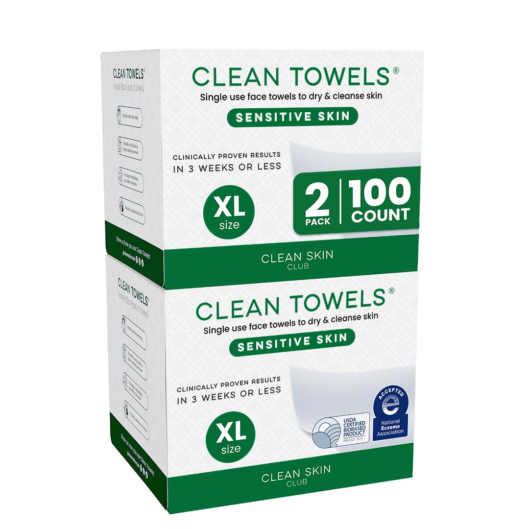 CLEAN SKIN CLUB Sensitive Skin Clean Towels® XL, Ultra-Soft Disposable Face Dry Wipes Infused with Aloe & Glycerin, XL - 2 Pack (100 count)