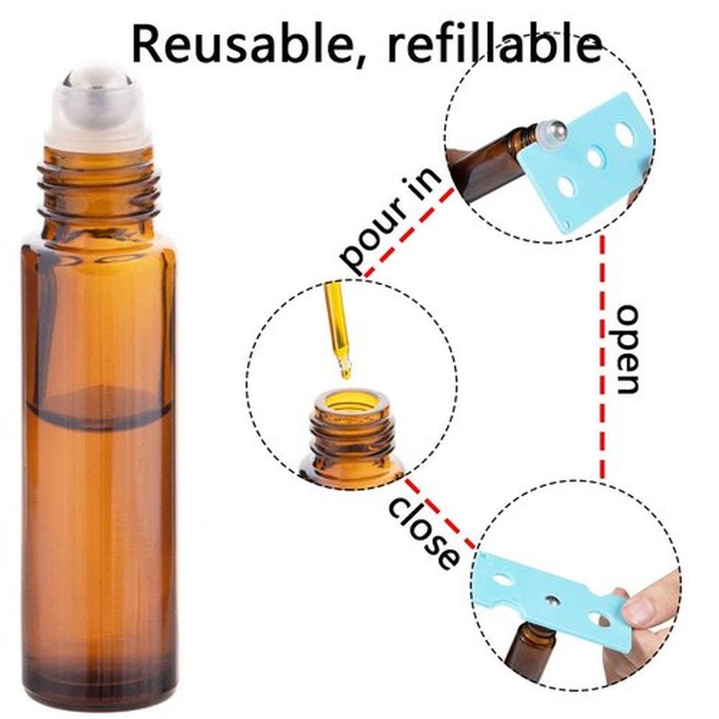 12 Pack 10ml Essential Oil Roller Bottles, with Stainless Steel Roller Balls, 10ml Amber Glass Roll on Bottles for Essential Oils, 1 Extra Roller Ball, 12 Labels, 1 Openers, 2 Droppers Included