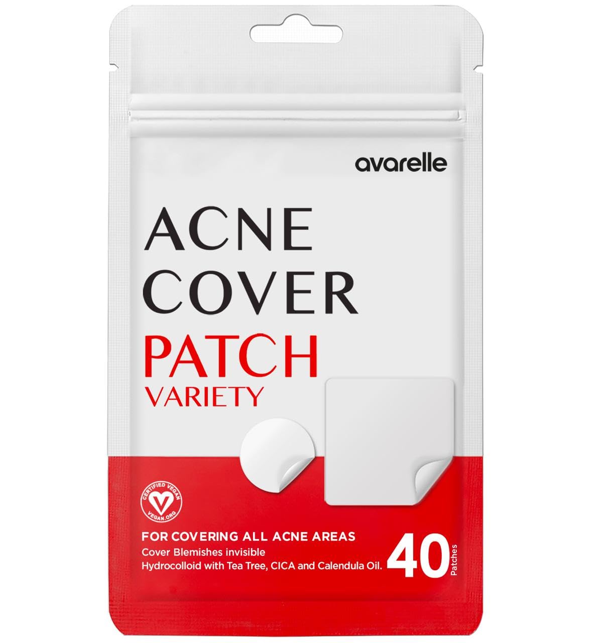 AVARELLE Acne Pimple Patch (40 Count) Absorbing Hydrocolloid Spot Treatment with Tea Tree Oil, Calendula Oil and Cica, Certified Vegan, Cruelty Free (VARIETY / 40 COUNT)