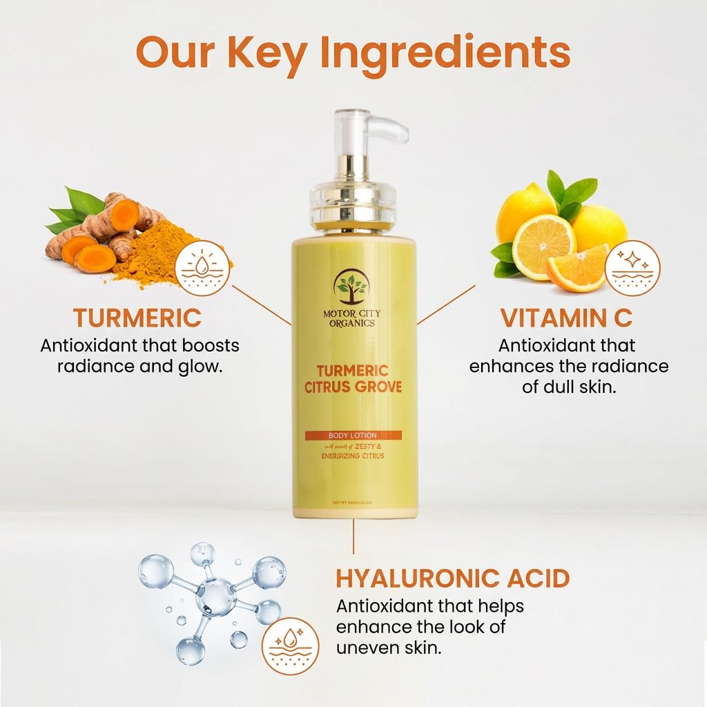 Motor City Organics Turmeric Citrus Grove Body Lotion | Turmeric Root + Citrus Peel | 10.2 oz | Paraben-Free | All Skin Types