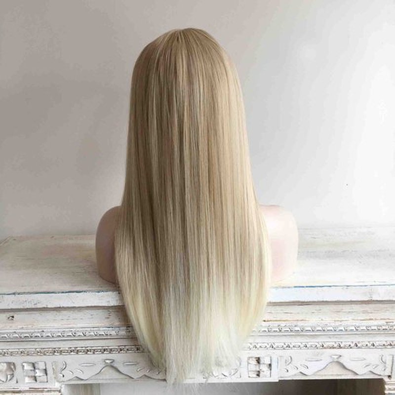 nevermindyrhead Blonde Ombre Long Straight Wig with Fringe Bangs, Heat Resistance Synthetic Wigs for Women 24 Inch