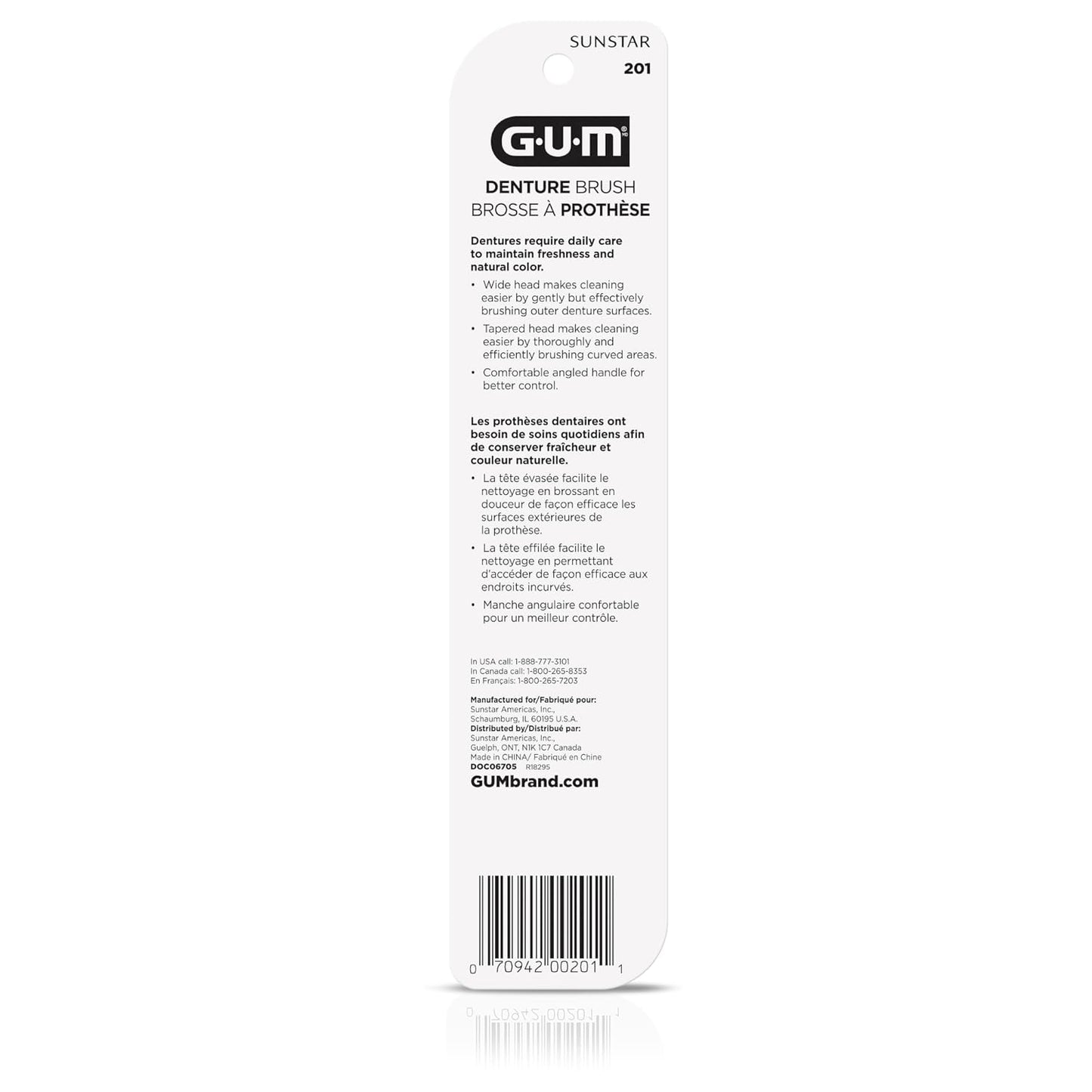 GUM Denture Brush - Dual Headed Hard Bristle Toothbrush for Dentures & Acrylic Retainers - Dentist Recommended Denture Cleaner 1ct (Pack of 6)