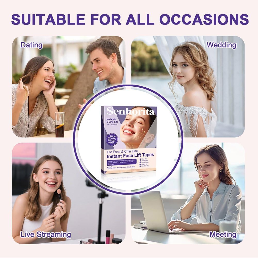 Zcotsu Face Lift Tape 100Pcs – Instant Face Lifting Tape, Invisible Strips to Hide Double Chin, Smooth Wrinkles & Lift Saggy Skin, Waterproof & Elastic