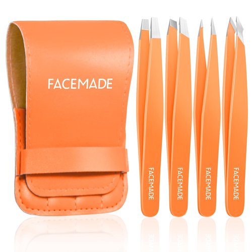 FACEMADE 4 Pack Tweezers Set - Professional Stainless Steel Tweezers for Men and Women, Precision Eyebrow Tweezers for Facial Hair, Chin, and Ingrown Hair Removal (Orange)