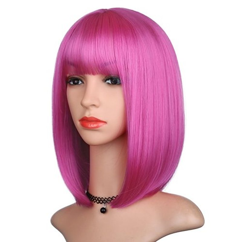 BEAUTIFA Hot Pink Bob Wig with Bangs for Women 12 Inch Short Straight Pink Wigs Synthetic Colorful Wigs