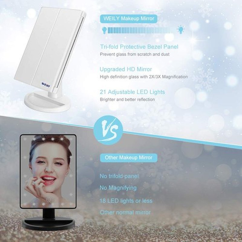 WEILY Makeup Mirror with 21 LED Lights,Two Power Supply Modes, Adjustable Touch Screen and 1x/2x/3x Magnification Tri-Fold Vanity Mirror,Chargeable Travel Cosmetic Mirror for Desktop(White)