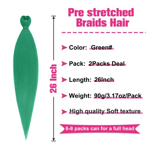 Unionbeauty Pre Stretched Braiding Hair 26 Inch 2 Packs Green Braiding Hair for Boho Box BraidsCrochet Hair Yaki Texture Hair Extensions Synthetic Braiding Hair Extension for Black Woman (green#)