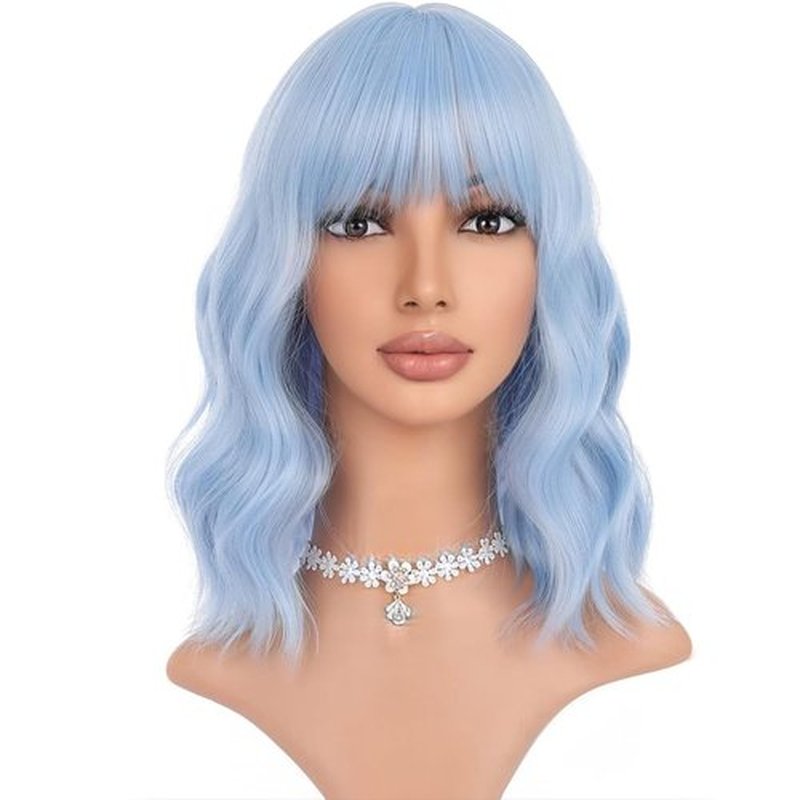 WTHCOS Light Blue Wig Short Bob Wig Short Blue Wigs for Women Curly Wavy Wig with Air Bangs Heat Resistant Synthetic Hair Wigs for Daily Use Cosplay Wig With Wig Cap