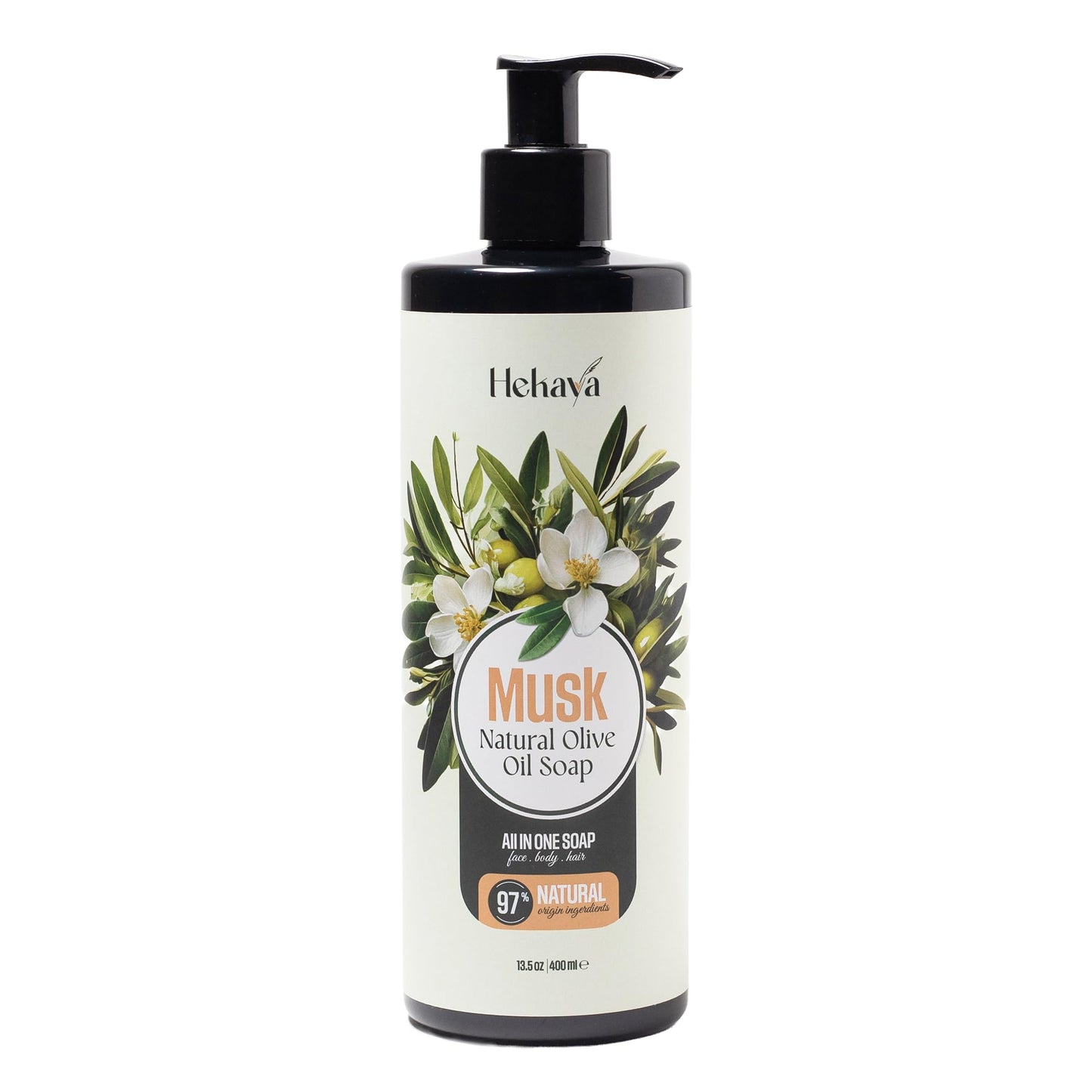 Hekaya Natural Olive Oil Liquid Soap – Musk Scent | Handmade, Vegan, Sulfate & Paraben Free | Gentle Face, Hand & Body Wash | Moisturizing Castile Cleanser | 13.5 fl oz Pump Bottle.