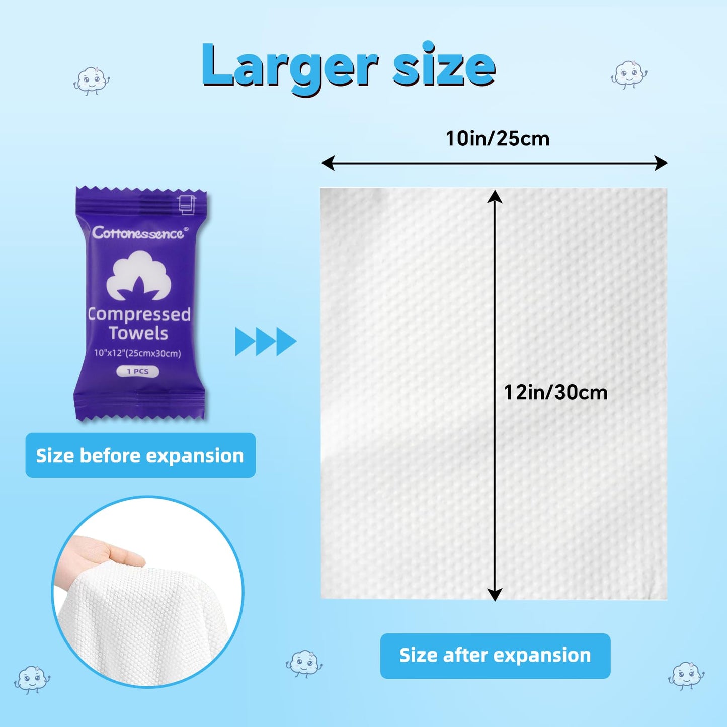 Cottonessence Premium Compressed Towels (100-Pack) - 10" x 12" Individually Wrapped Coin Tissues, Portable Towels for Travel, Hiking, Gym, Spa, Beauty Salon, Makeup, Baby Care, Outdoor Use