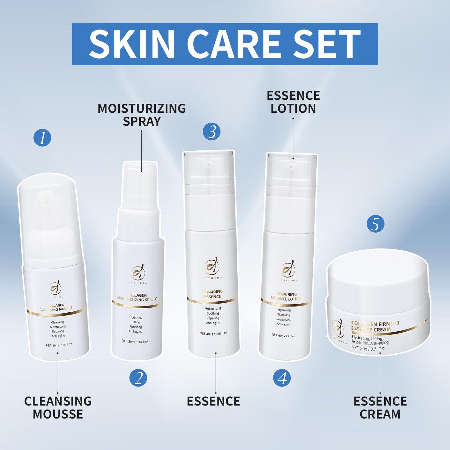 OTTOSHA Bioactive Collagen Skin Care Set,Mini Travel Size Gift Set ,All In One (5 Piece Kit) For Women & Men,Cleaning,Hydrating,Soothing,Repairing,Revitalizing,Anti-aging