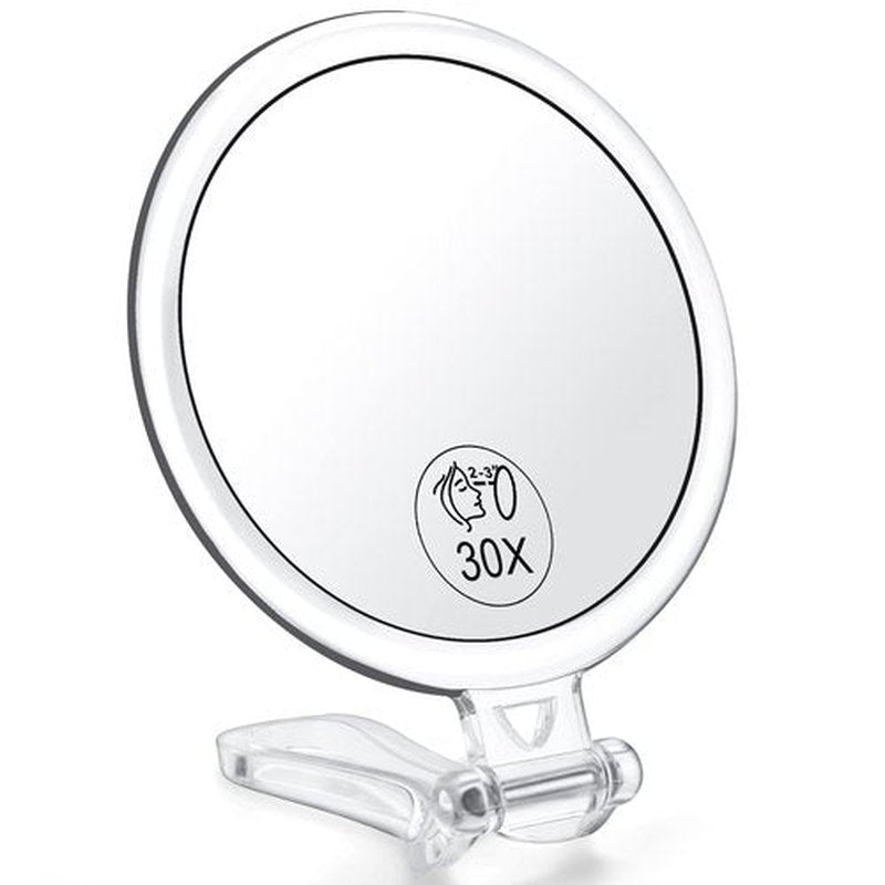 AMISCE 30x Magnifying Handheld Mirror, 2-Sided with Adjustable Stand, Portable, Acrylic Frame, 5'' Diameter, Perfect for Makeup, Shaving, Deep Cleaning